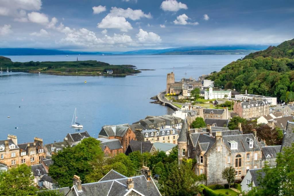 Arial view of Oban Bay and town